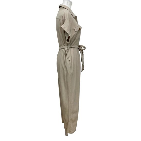 LOST + WANDER LINEN BLEND SAFARI BELTED CROPPED JUMPSUIT IN BEIGE - S - Picture 3 of 10
